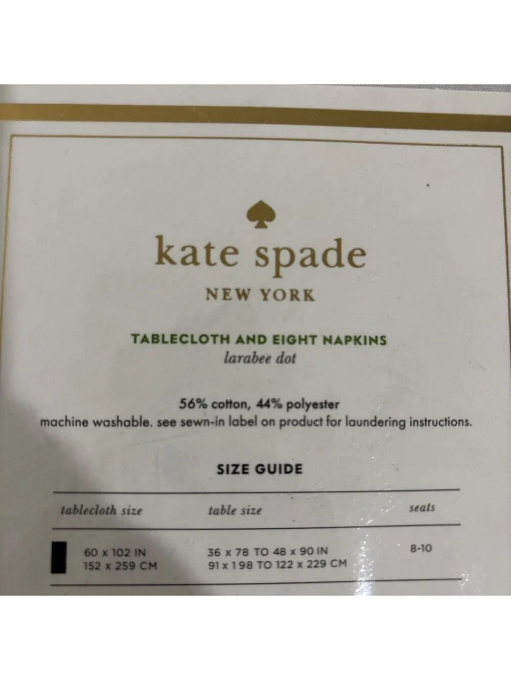 NEW Kate Spade 9 Piece Set Table Cloth & 8 Napkins 60x 102, 20x20